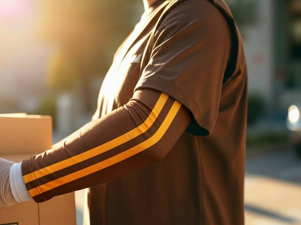 Delivery driver wearing brown arm sleeve holding package